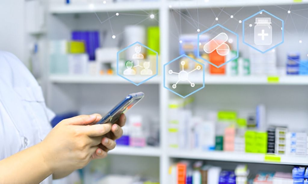 Healthcare professional using a tablet in pharmacy setting—illustrating the role of digital tools in medical marketing and patient engagement strategies