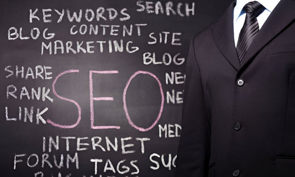 A confident lawyer standing beside large SEO letters, representing the connection between legal professionals and SEO strategies in Bangladesh to attract more clients.