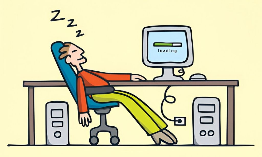 Illustration of a tired freelancer sleeping in front of a slow computer, representing the freelancer’s struggle between freedom and fatigue. The image highlights the importance of a consistent sleep schedule to overcome burnout and improve overall performance.