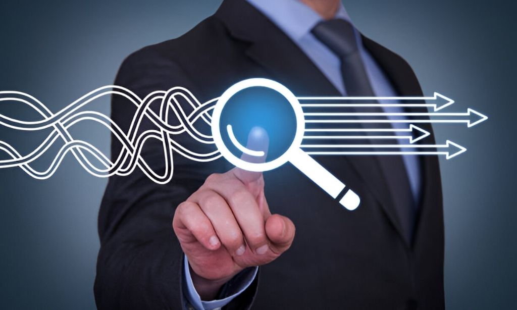 A magnifying glass on a digital screen symbolizes tracking and analysis, showing how lawyers in Bangladesh can improve SEO performance with data-driven strategies.