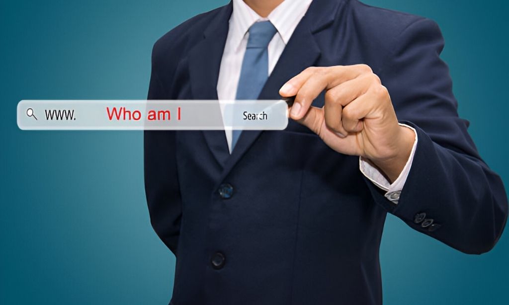 A male hand presses a digital "Search Who am I" button, illustrating how modern clients find legal help online, highlighting the importance of SEO for lawyers in Bangladesh.