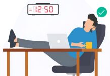 Why Should Freelancers Follow a Fixed Sleep Schedule for Better Performance? Freelancer relaxing in a home office, feet up on the desk, enjoying a peaceful moment with a mug after completing work, with a digital clock showing 12:50 and a green check mark symbolizing task completion. Emphasizes the importance of relaxation and work-life balance after following a fixed sleep schedule.