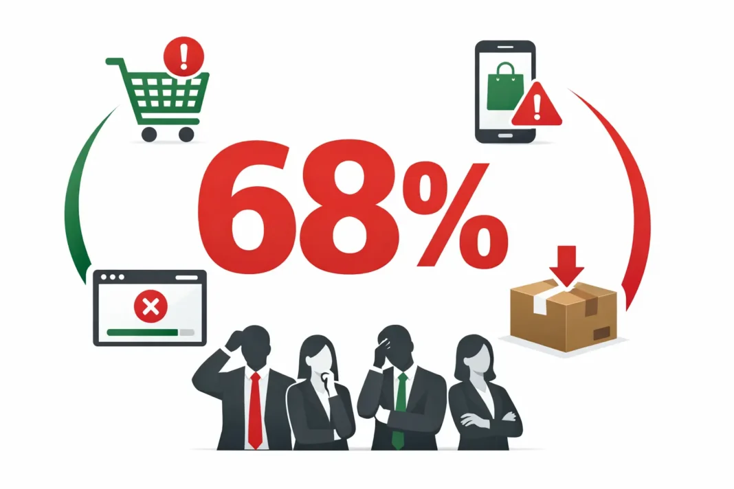 Bangladesh E-commerce Failure Statistics 2023-2025 - 68% Business Closure Rate 68 percent of Bangladesh e-commerce businesses failed between 2023 and 2025 shown in red statistics with shopping cart and mobile phone icons