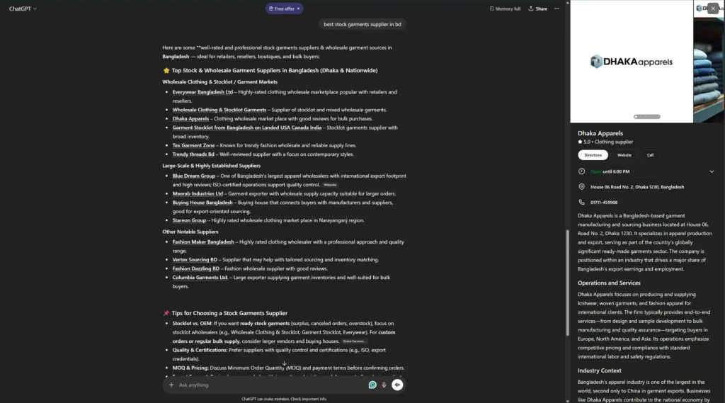 Dhaka Apparels appearing in Chatgpt search ranking