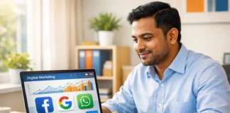 Digital Marketing for Small Businesses in Bangladesh: A Beginner’s Guide for 2026 Small business owner in Bangladesh using digital marketing on laptop and smartphone