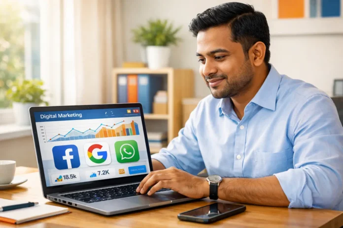 Small business owner in Bangladesh using digital marketing on laptop and smartphone Small business owner in Bangladesh using digital marketing on laptop and smartphone