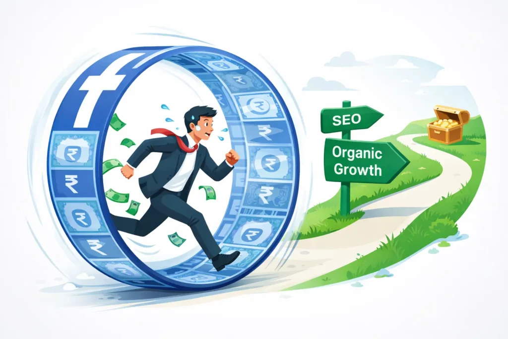 Business owner trapped in Facebook ads hamster wheel losing money while SEO organic growth path leads to success in Bangladesh e-commerce