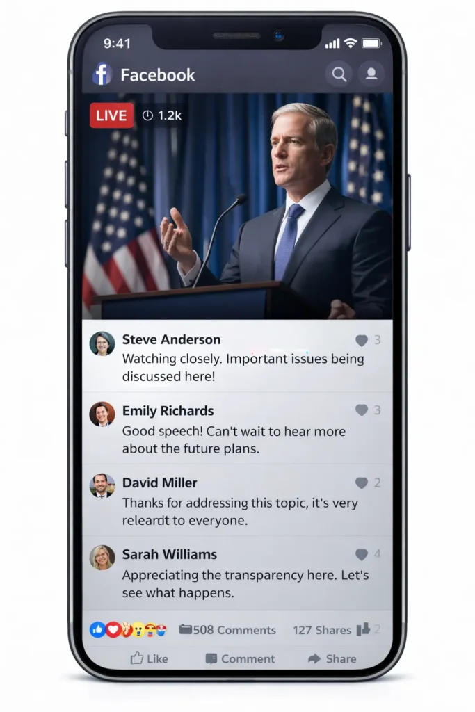 Facebook Live Q&A session interface showing active viewer engagement and comment interaction for political leaders