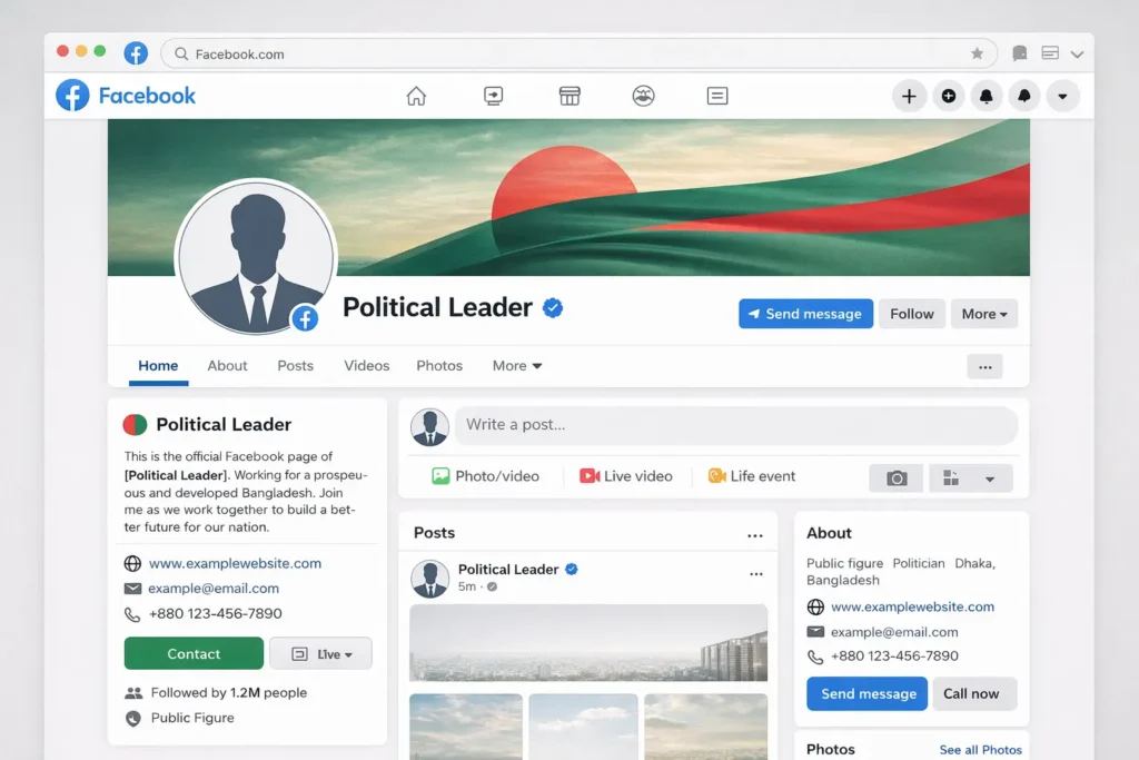 Professional Facebook page setup example for Bangladesh political leaders with verification badge