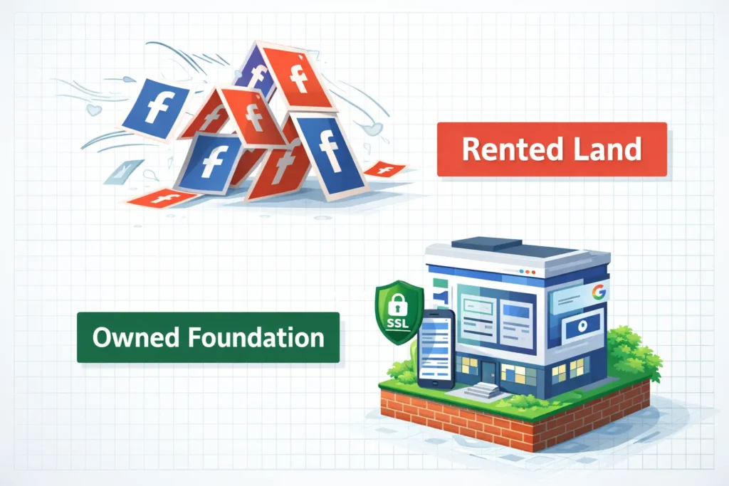 Comparison of unstable Facebook page house of cards versus strong professional e-commerce website foundation with SSL and mobile optimization