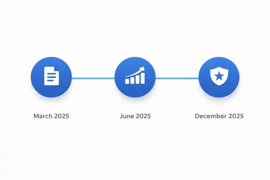 Timeline of Google's three major core algorithm updates in 2025 - March, June, and December updates visualization