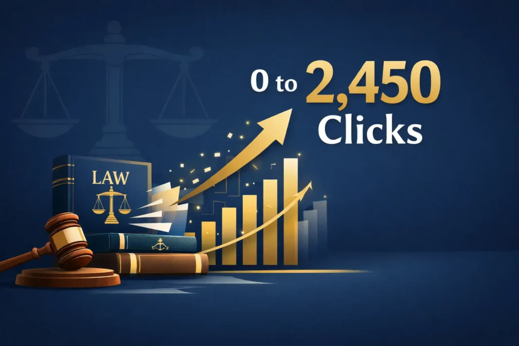 Legal Advice BD SEO case study showing transformation from zero to 2,450 monthly organic clicks with upward trending analytics graph and legal imagery