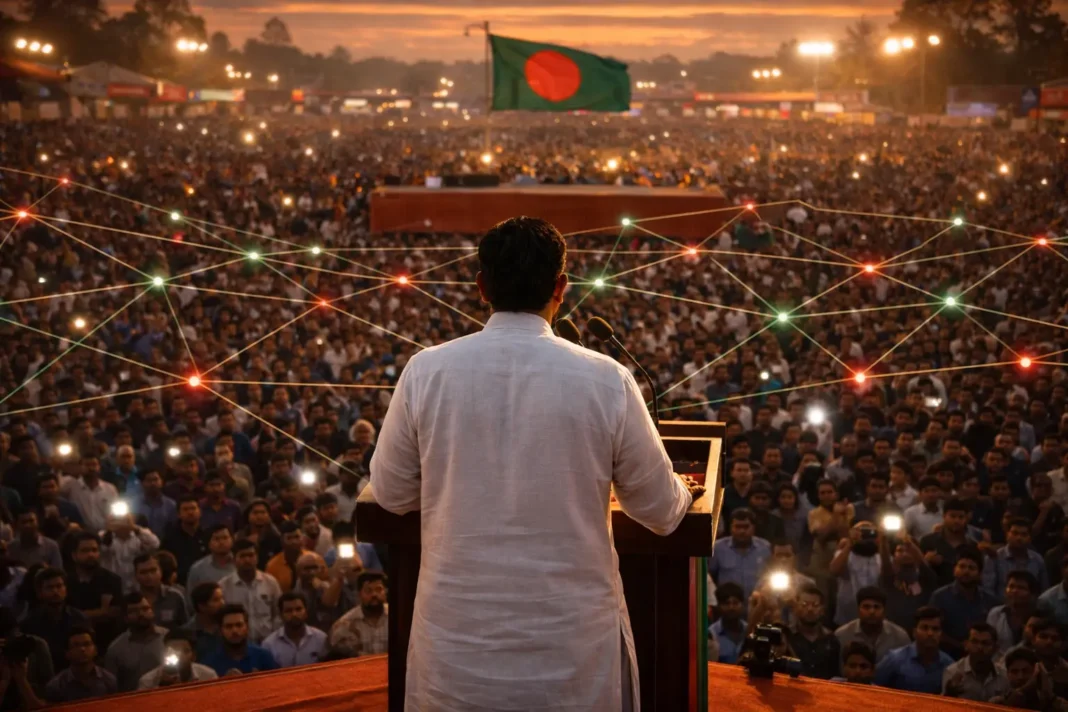 Bangladeshi political leader addressing digitally connected crowd of voters
