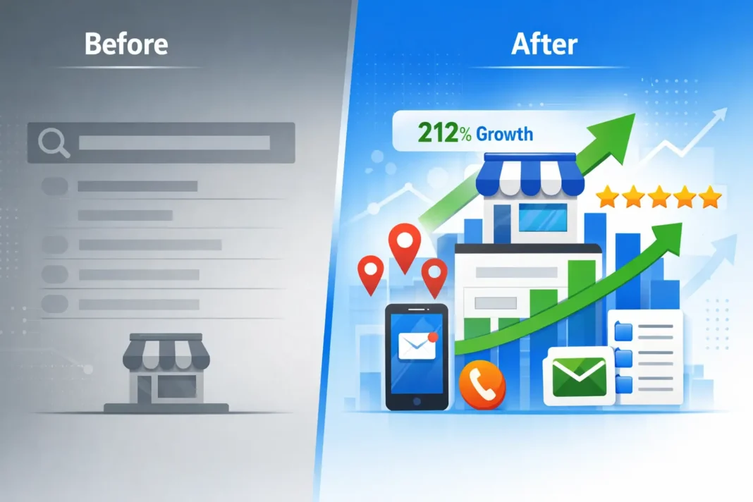 SEO case study results visualization showing 212% organic traffic growth and lead generation transformation for pool maintenance business in Singapore