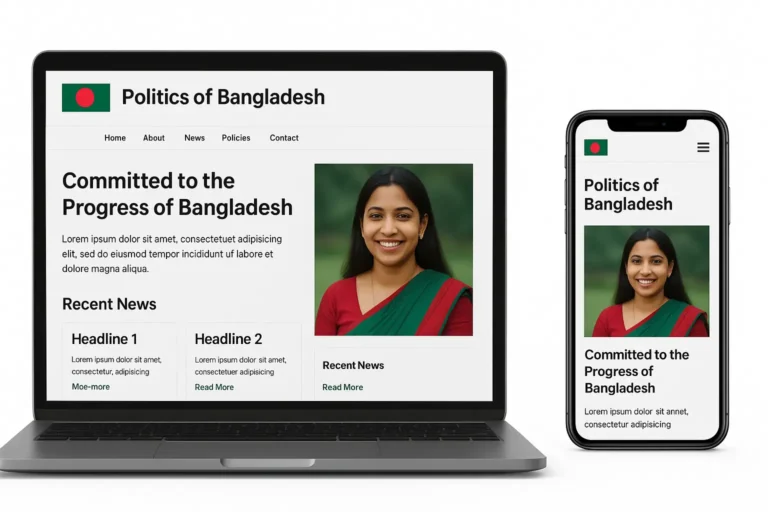 Professional political website displayed on laptop and mobile phone for Bangladesh politicians