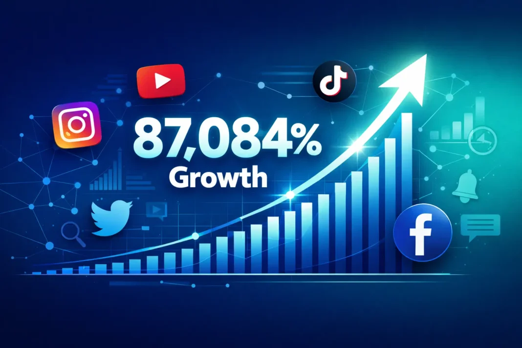 SMMGen SEO case study featured image showing 87,084% organic traffic growth from 32 to 27,900 monthly clicks in SMM panel industry