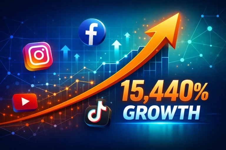 SMMSun SMM panel SEO case study showing 15,440% organic traffic growth from 50 to 7,770 monthly clicks with upward trending graph and social media icons