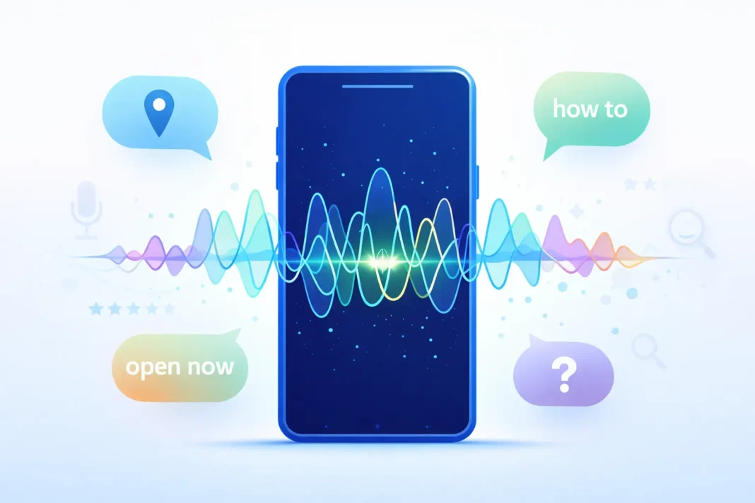 Voice search SEO concept showing smartphone with sound waves and voice assistant activation for Bangladesh businesses