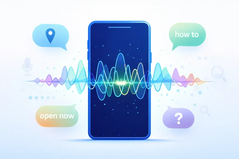 Voice search SEO concept showing smartphone with sound waves and voice assistant activation for Bangladesh businesses