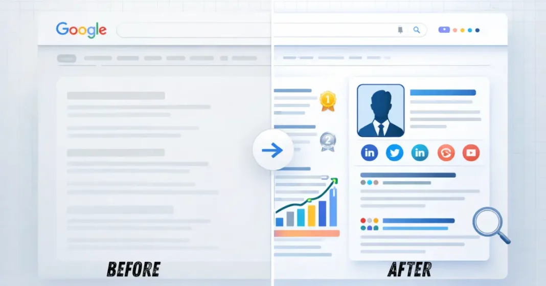 Sajid Amit Personal Branding SEO Case Study Results Before and after comparison of Sajid Amit's Google search results showing transformation from no online presence to prominent knowledge panel and top rankings through strategic personal branding and SEO