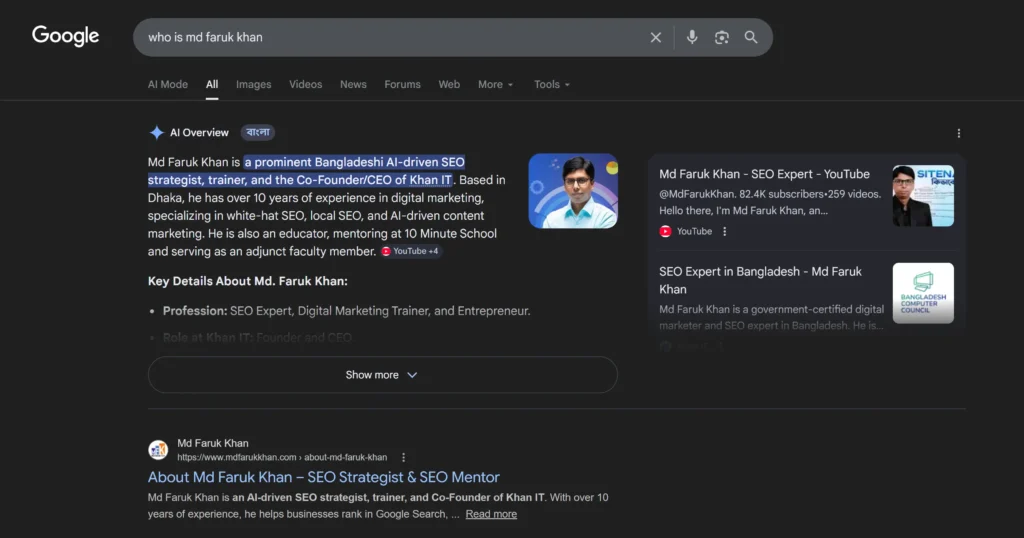 Google AI Overview appearing for the search query how long does SEO take, showing structured bullet point answer with cited sources