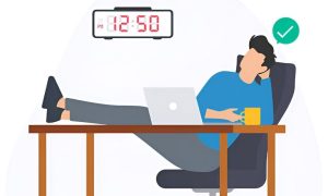 Freelancer relaxing in a home office, feet up on the desk, enjoying a peaceful moment with a mug after completing work, with a digital clock showing 12:50 and a green check mark symbolizing task completion. Emphasizes the importance of relaxation and work-life balance after following a fixed sleep schedule.